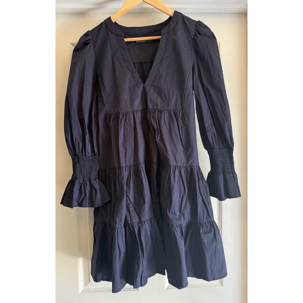 Pomander Place Babydoll Dress S Navy Blue Tiered Smocked V-Neck Cotton Poplin